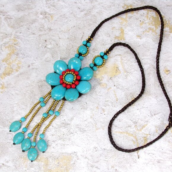 Large turquoise stone beaded flower necklace with a stone tassel fabric cord - Picture 2 of 6